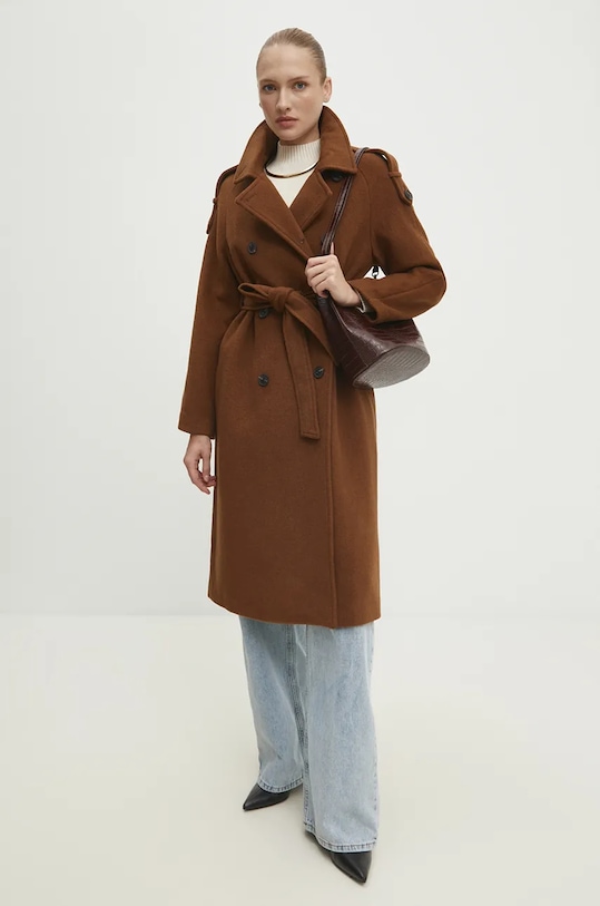 Vlnený kabát Answear.LAB bez kapucne hnedá WA24.KPD021
