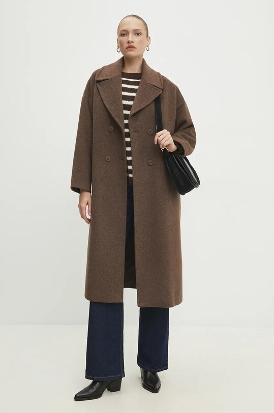 Vlněný kabát Answear.LAB bez kapuce hnědá WA23..KPD016.