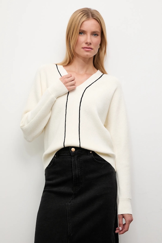 Sveter s kašmírom a hodvábom Answear.LAB V výstrih béžová 2691.fh