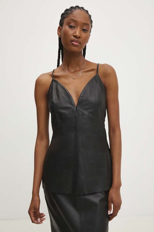 Answear Lab top din piele uni negru WS24.BDD002
