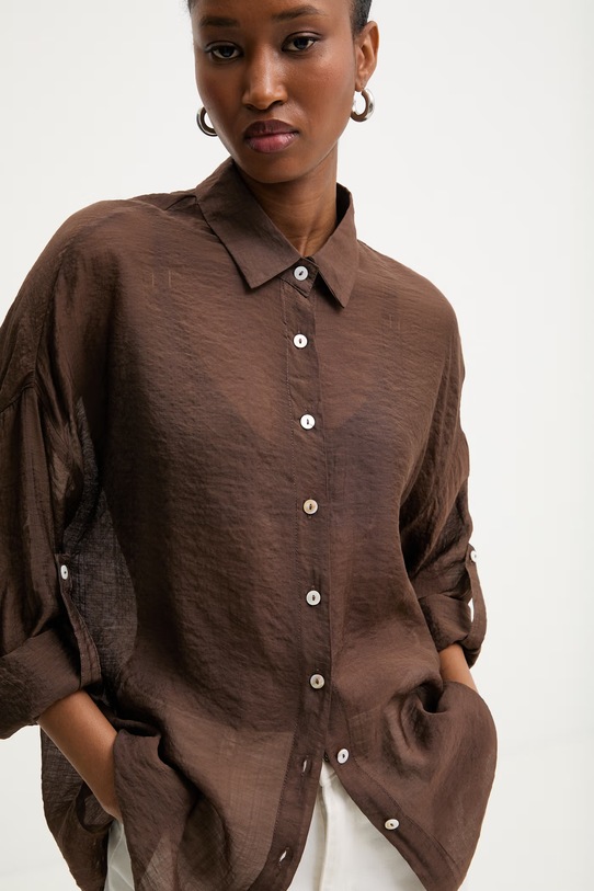 Answear.LAB koszula z domieszką jedwabiu trzy czwarte brązowy ZY931.hak