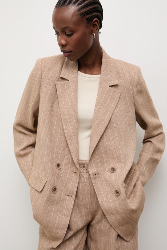 Answear.LAB marynarka dwurzędowa damska z dodatkiem lnu beżowy m.08611.hak