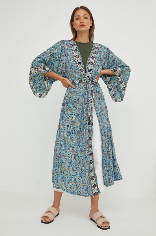 Answear.LAB selyem kimono x limitált fesztivál kollekció BE BRAVE mintás türkiz 2212.82.AA