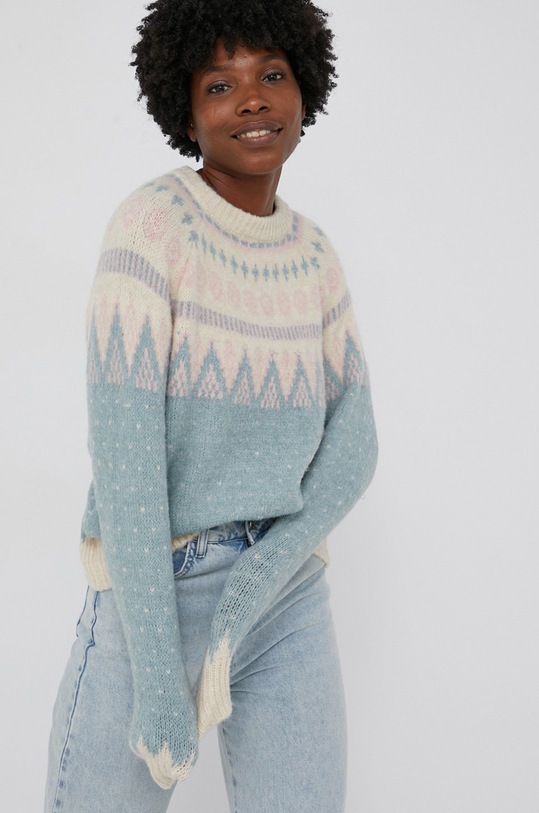 Answear Lab Sweter z domieszką wełny okrągły turkusowy Y1093.3KR
