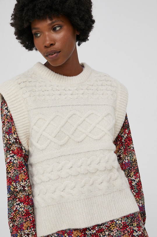 Answear Lab Kamizelka z domieszką wełny okrągły beżowy AR11.AJ