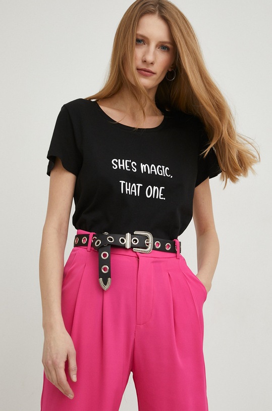 Answear Lab t-shirt bawełniany nadruk czarny WW23.TSD00U