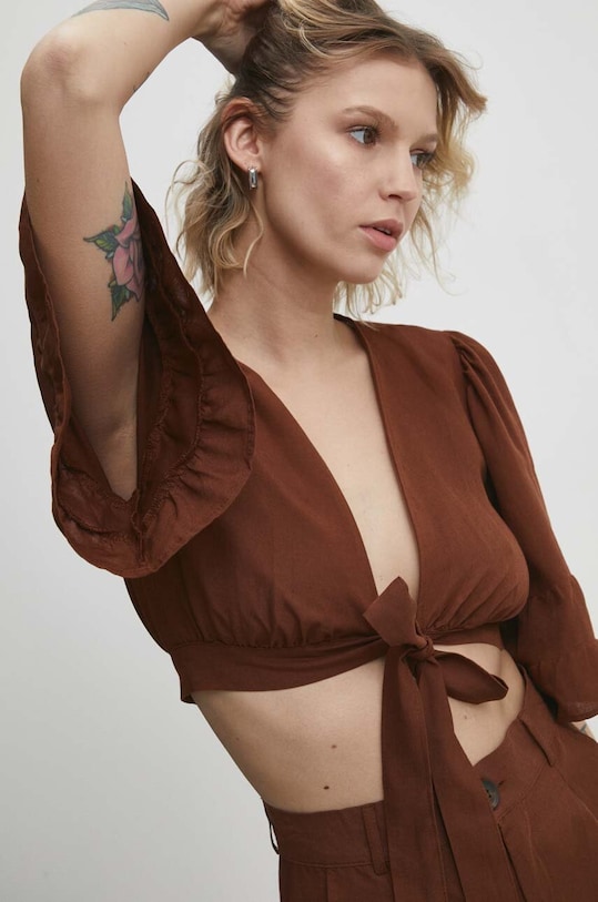 Answear Lab blusa di lino semplice marrone 16619.tjs