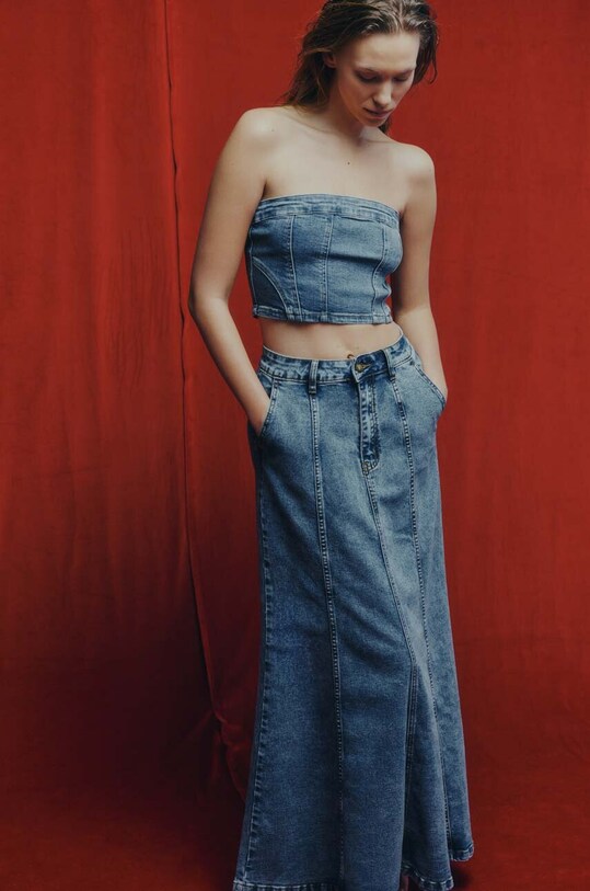 Answear Lab fustă din denim uni albastru pa80554.TKK