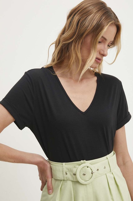 Answear Lab t-shirt z lnem z elastanem czarny E24.73.FKK