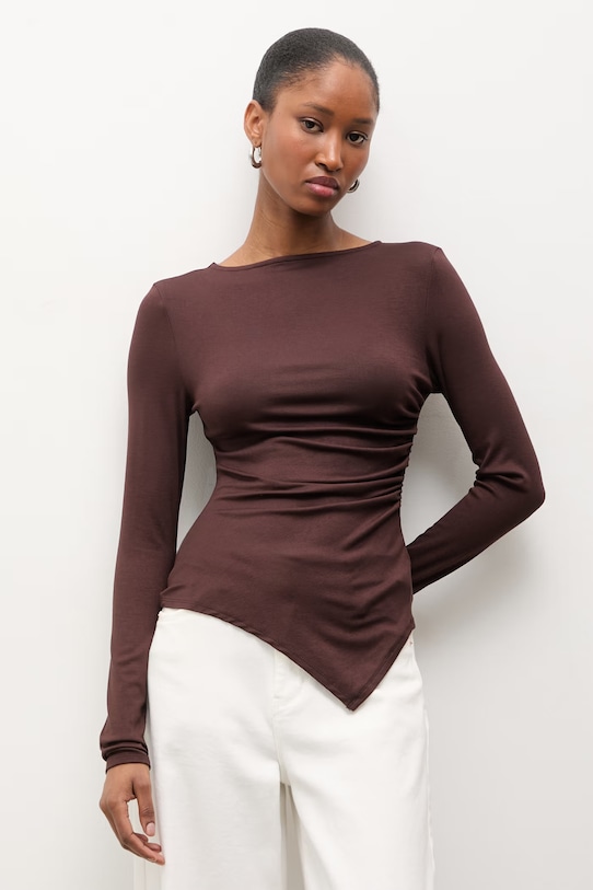 Answear.LAB bluzka asymetryczna damska z wiskozą brązowy WW25-BDD03P