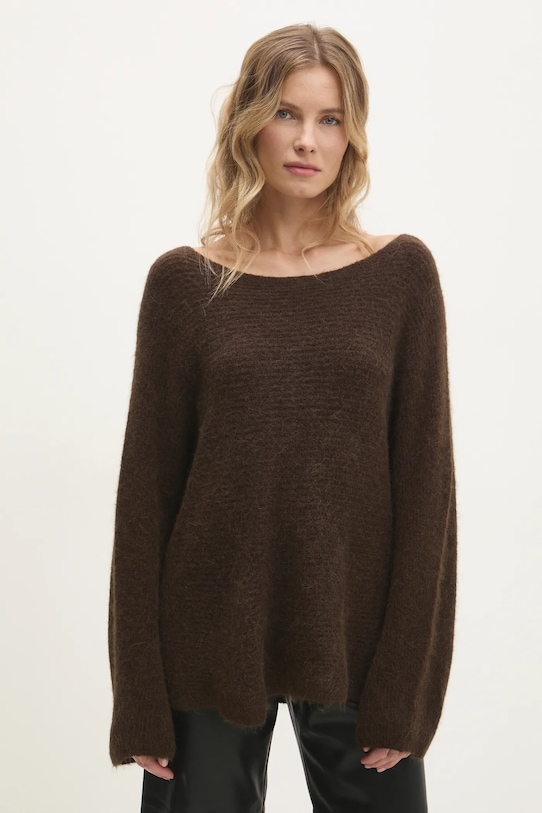 Answear.LAB sweter z wełną okrągły brązowy ZD0030.HWK