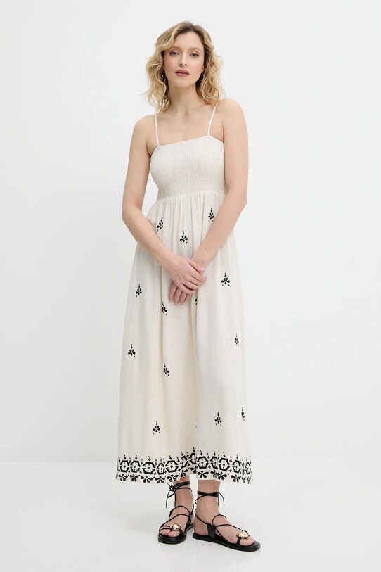 Answear Lab sukienka z lnem midi beżowy CC2493.ums