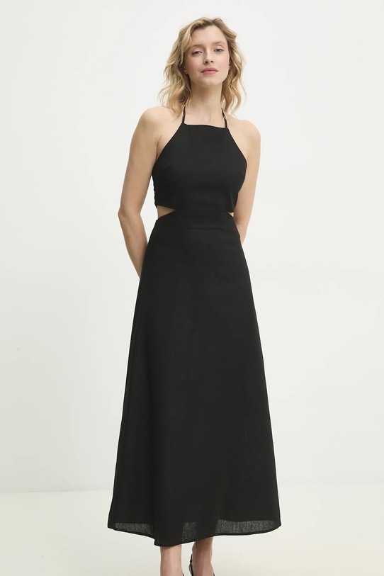 Haljina s dodatkom lana Answear.LAB bez uzorka crna ps9153s.fos