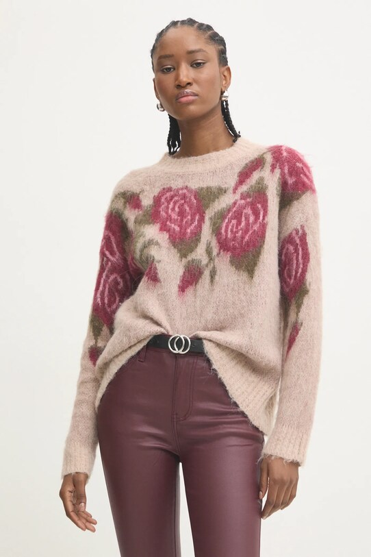 Answear.LAB sweter z wełną okrągły beżowy ml23201.ilk