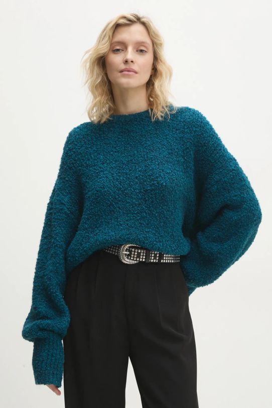 Answear Lab sweter z wełną okrągły turkusowy 24526.fms