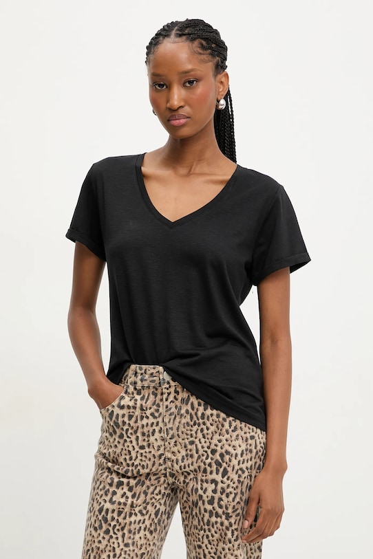 Answear Lab t-shirt lniany regular czarny E24.73.FLK
