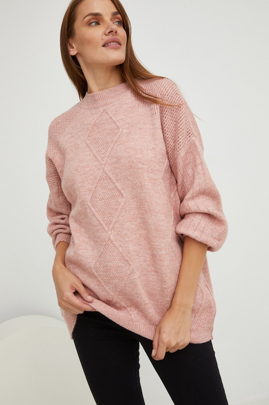 Answear Lab sweter z wełną okrągły różowy 22538.2.DB