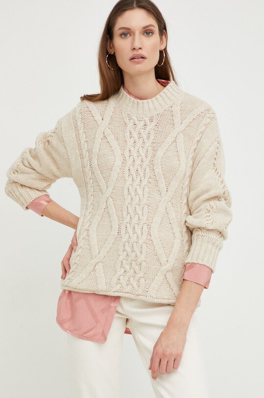 Answear Lab sweter z wełną okrągły beżowy 32988.DB