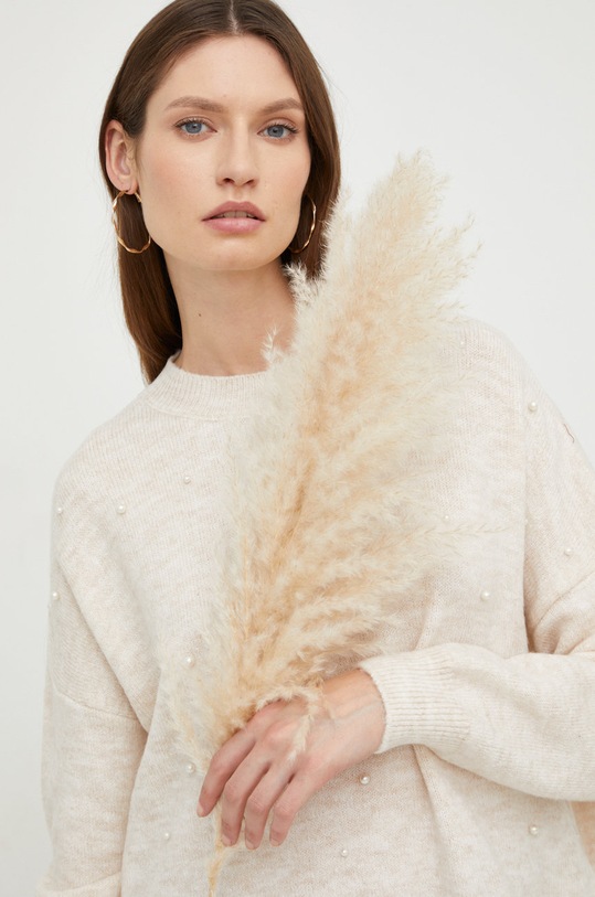 Answear Lab sweter z domieszką wełny okrągły beżowy re.2..JS