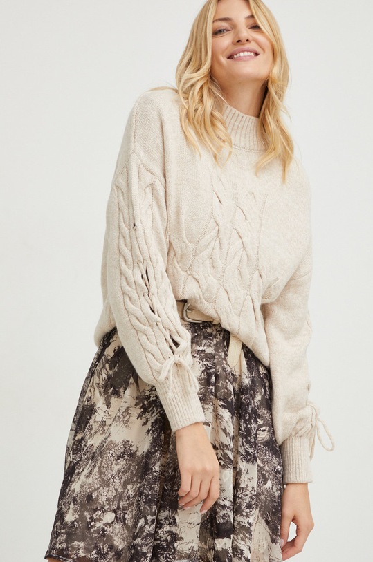 Answear Lab sweter z wełną półgolf beżowy 7205.js