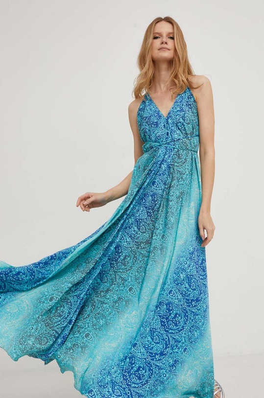 Answear Lab rochie de mătase maxi albastru E207.HKK
