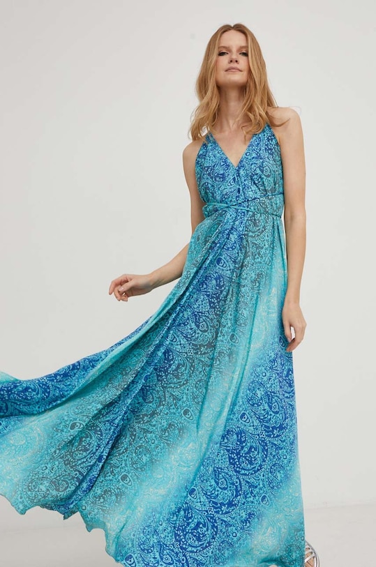 Answear Lab rochie de mătase maxi albastru E207.HKK