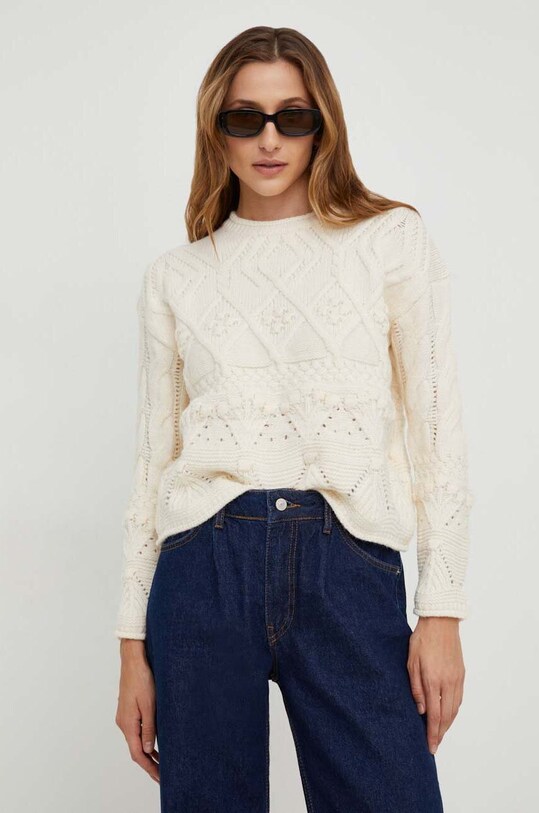 Answear Lab sweter z wełną okrągły beżowy 5591.IKK