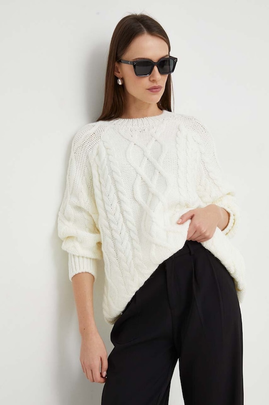Answear Lab sweter z wełną okrągły beżowy 30060.TWK