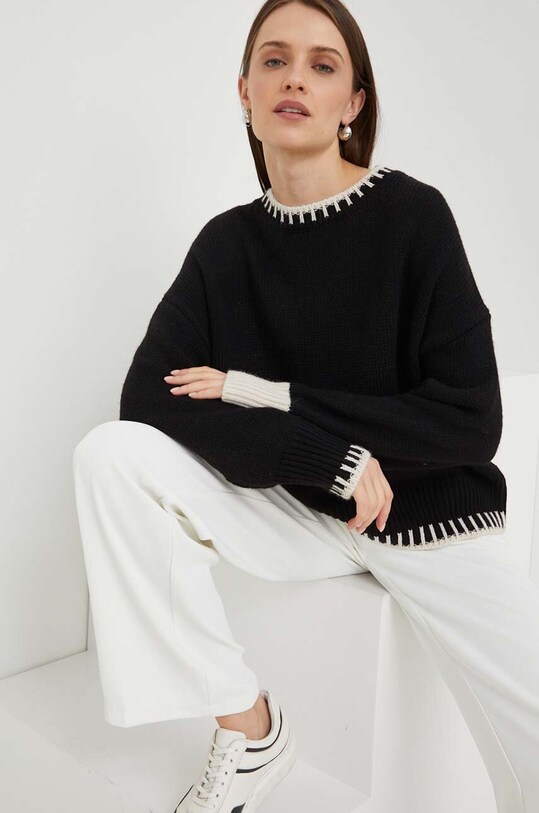 Answear Lab sweter z domieszką wełny okrągły czarny 048.iw