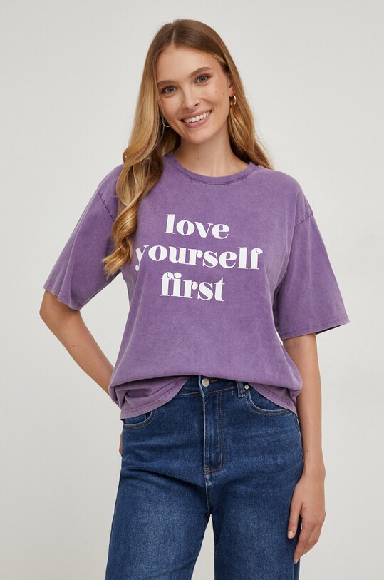 Answear Lab t-shirt bawełniany nadruk fioletowy G6030.5.IKK