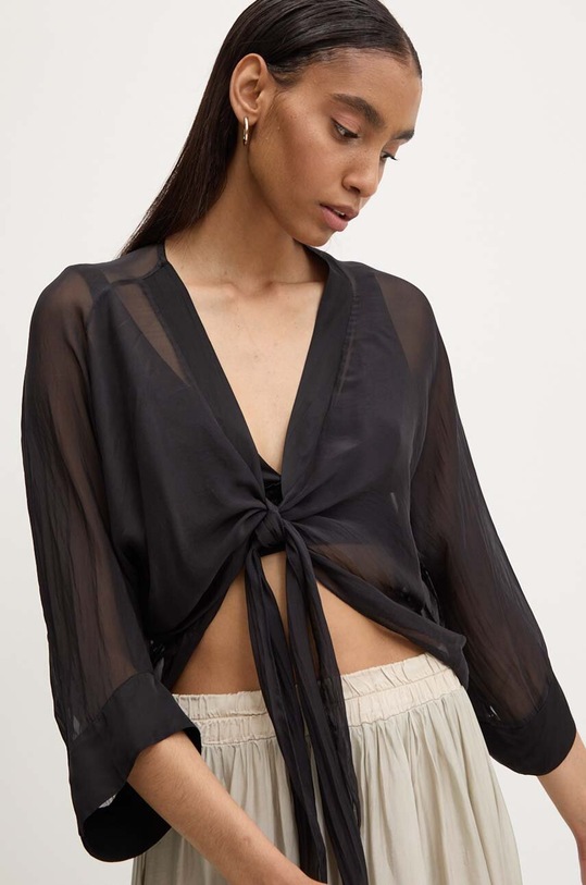 Answear Lab bluzka z jedwabiem trzy czwarte czarny d688.ims