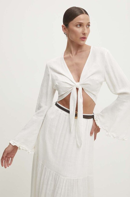 Answear Lab bluza din in uni alb 92337.ijs
