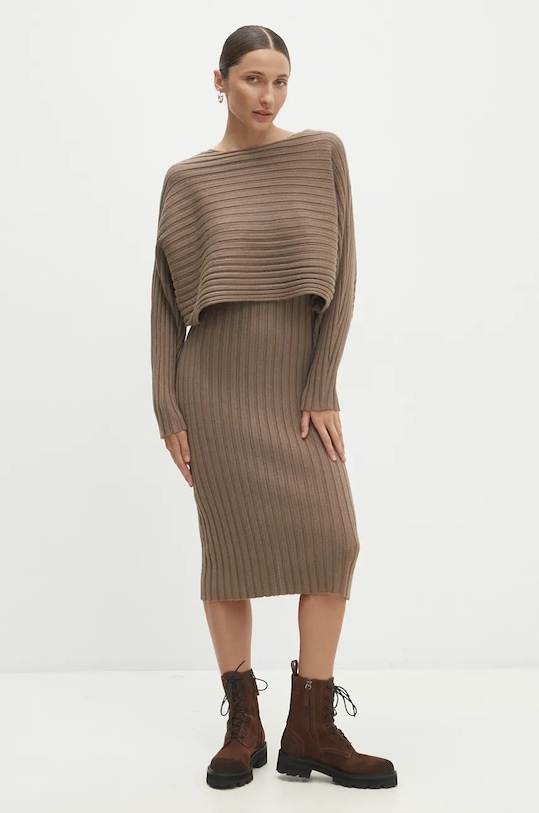 Answear Lab rochie și pulover forma V maro W2059AB.HLK