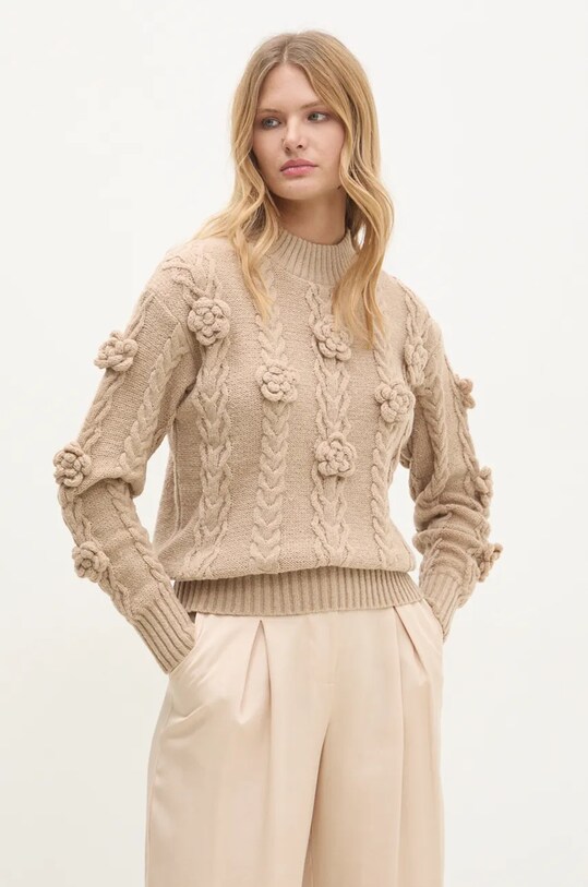 Answear.LAB sweter z wełną okrągły brązowy c8077.ilk