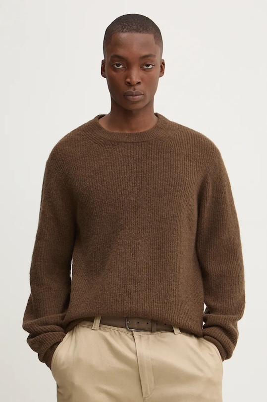 Solid sweter z domieszką wełny okrągły brązowy 21108278.190814