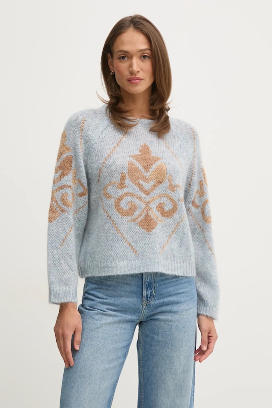 Mos Mosh sweter wełniany okrągły niebieski 169470