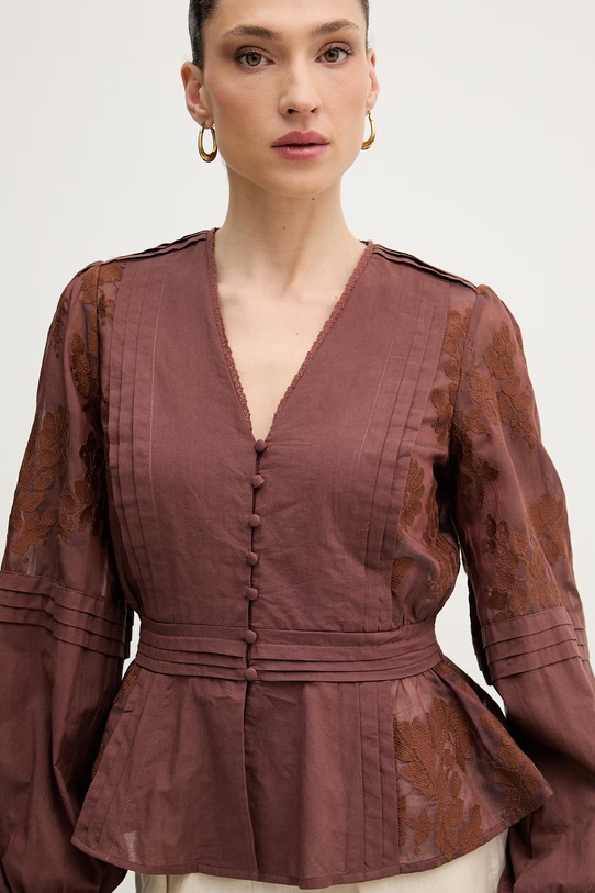 Silvian Heach bluzka koszulowa damska bawełniana AGRIN brązowy GPP26292BL