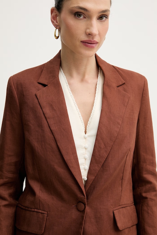 Silvian Heach marynarka jednorzędowa damska lniana PILLIK brązowy GPP26062GC