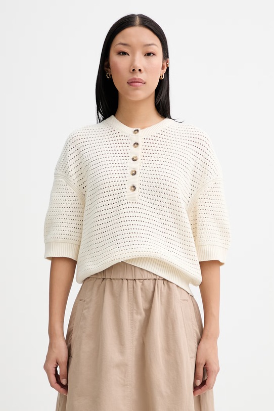 Marc O'Polo sweter z krótkim rękawem damski bawełniany beżowy 5000010013