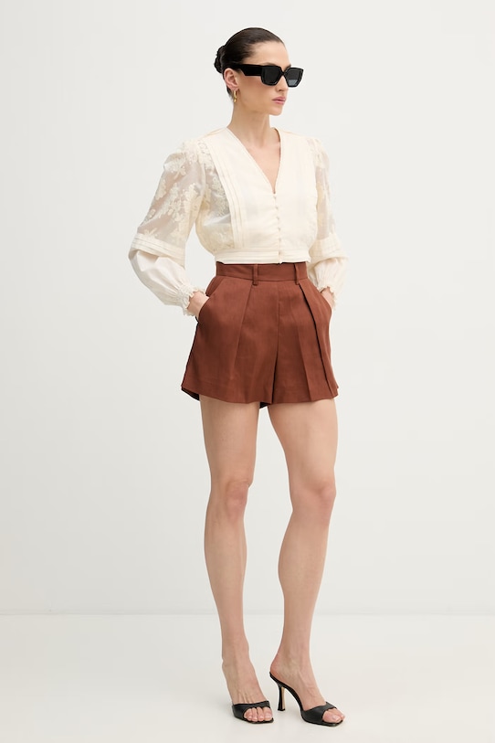 Silvian Heach szorty eleganckie damskie lniane POSANE GPP26186SH brązowy ZS26