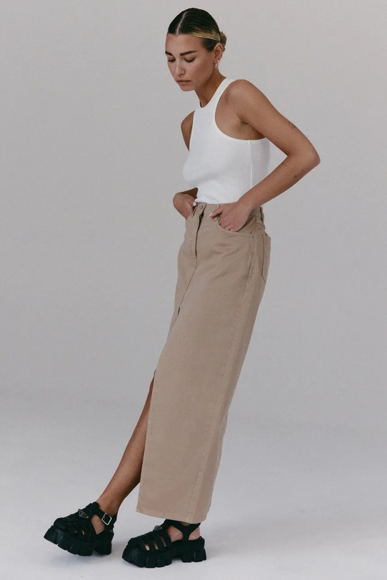 Odzież MUUV. spódnica jeansowa NANTES dluga.spodnica.NANTES beżowy