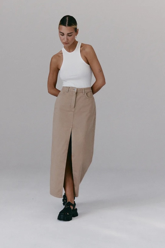 MUUV. spódnica jeansowa NANTES dluga.spodnica.NANTES beżowy