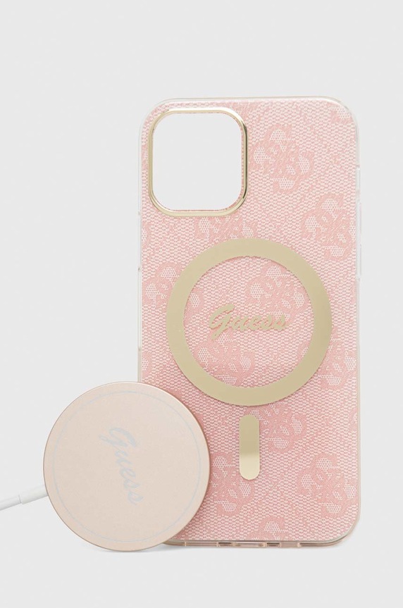 Guess etui na telefon i ładowarka iPhone 12/12 Pro wzorzyste różowy GUBPP12MH4EACSP