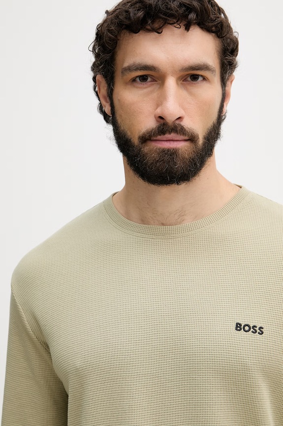 Oblečenie BOSS pánsky s bavlnou Waffle LS-Shirt 50535870 zelená