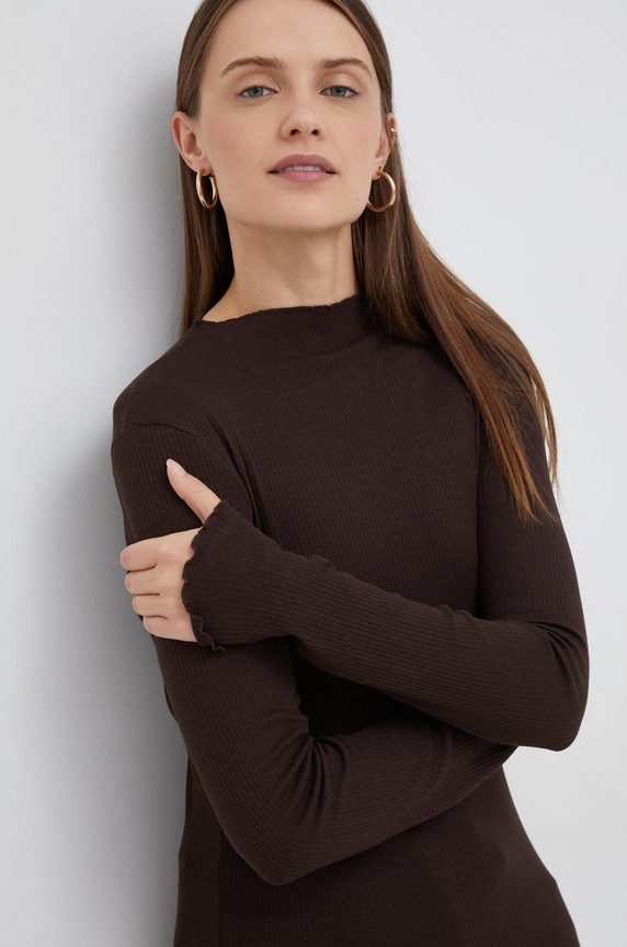 Majica dugih rukava Vero Moda s elastinom smeđa 10259206.CoffeeBean