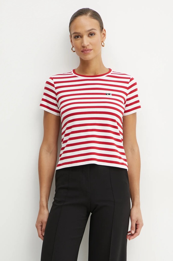 Βαμβακερό μπλουζάκι Karl Lagerfeld IKON ρίγες κόκκινο A1W17099