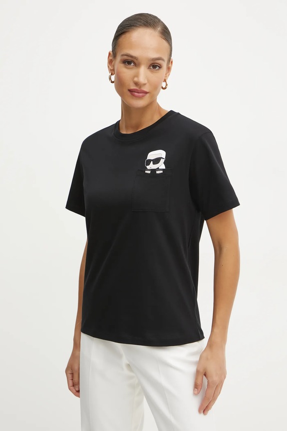 Βαμβακερό μπλουζάκι Karl Lagerfeld IKON στάμπα μαύρο A1W17100