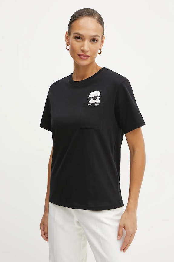 Βαμβακερό μπλουζάκι Karl Lagerfeld IKON στάμπα μαύρο A1W17100