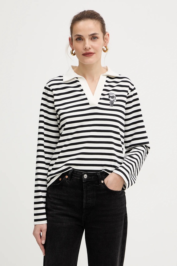 Βαμβακερή μπλούζα με μακριά μανίκια Karl Lagerfeld IKON εμπριμέ μπεζ A4W17081