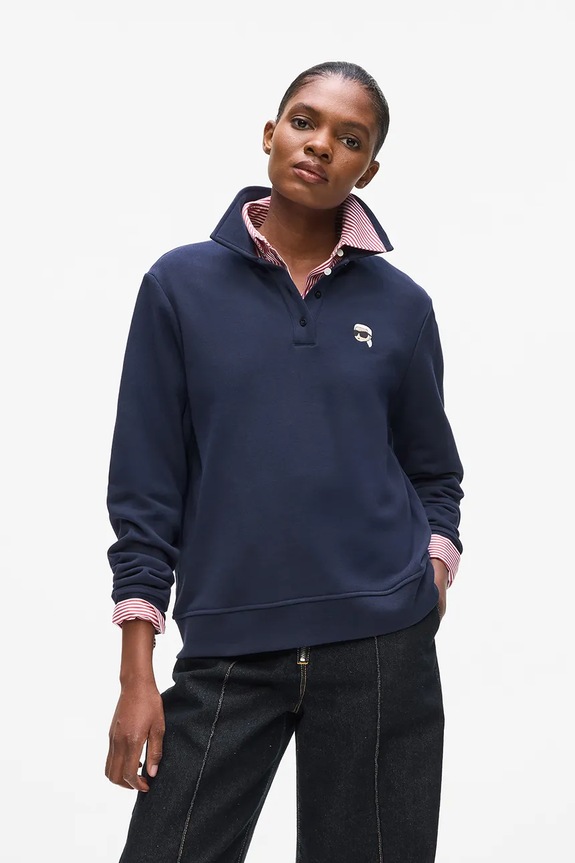 Βαμβακερή μπλούζα με μακριά μανίκια Karl Lagerfeld IKON εμπριμέ σκούρο μπλε A4W20073